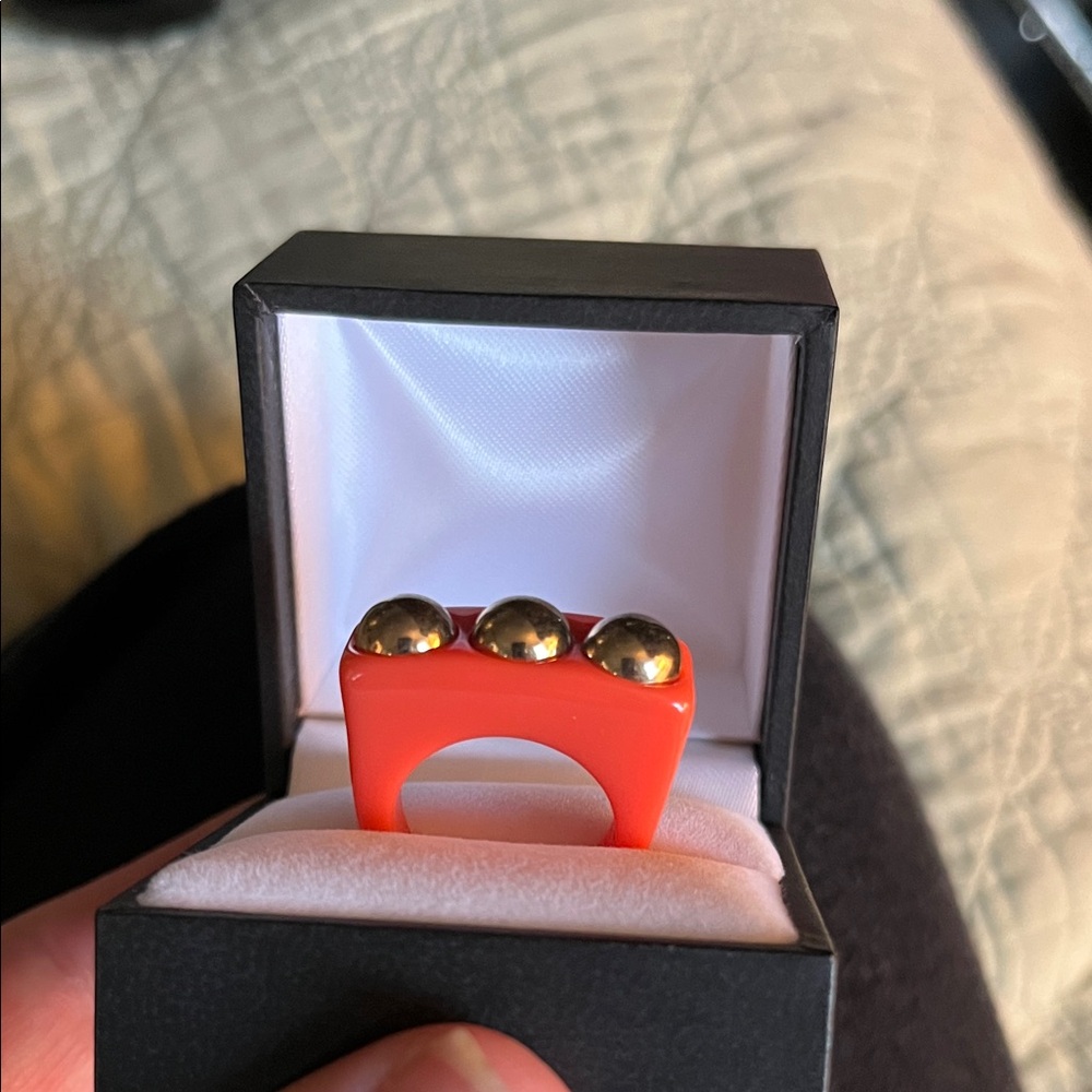 Orange Resin Ring with 3 Gold Ball Studs
